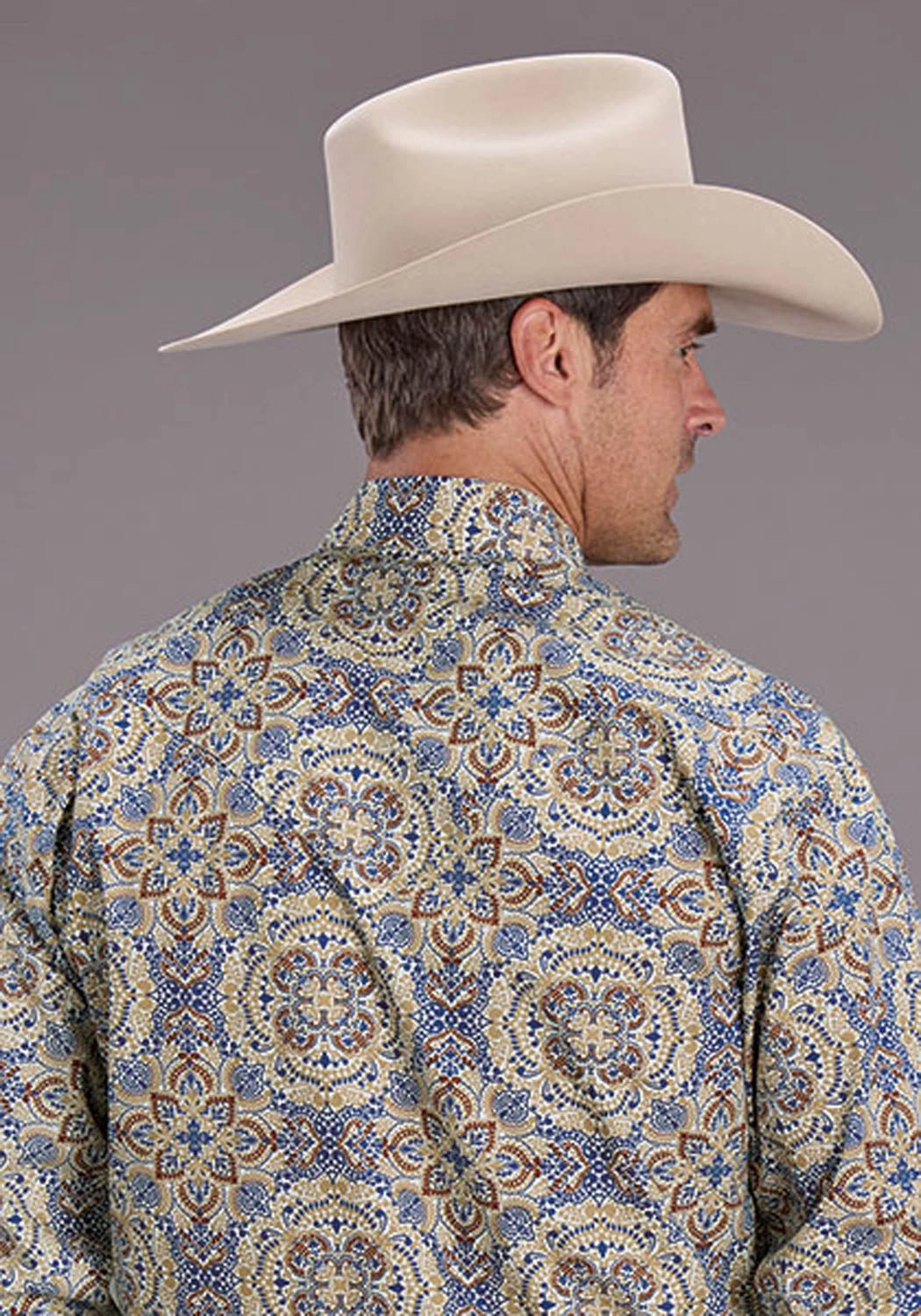 Chill Fit Sustainable Material Stetson Mens Summer Medallion Paisley Blue 100% Cotton L/S Shirt