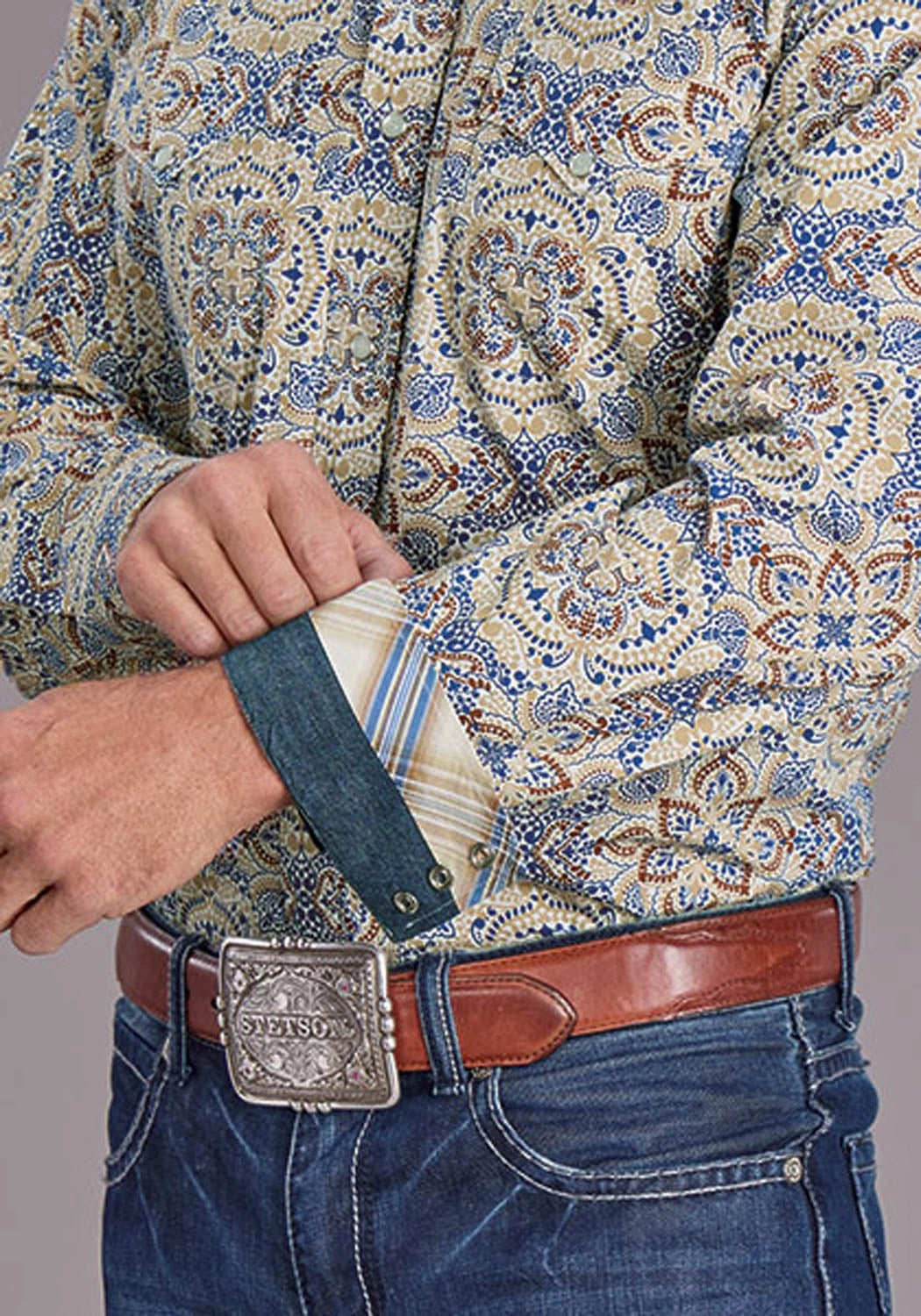 Stetson Mens Summer Medallion Paisley Blue 100% Cotton L/S Shirt All-day Comfort