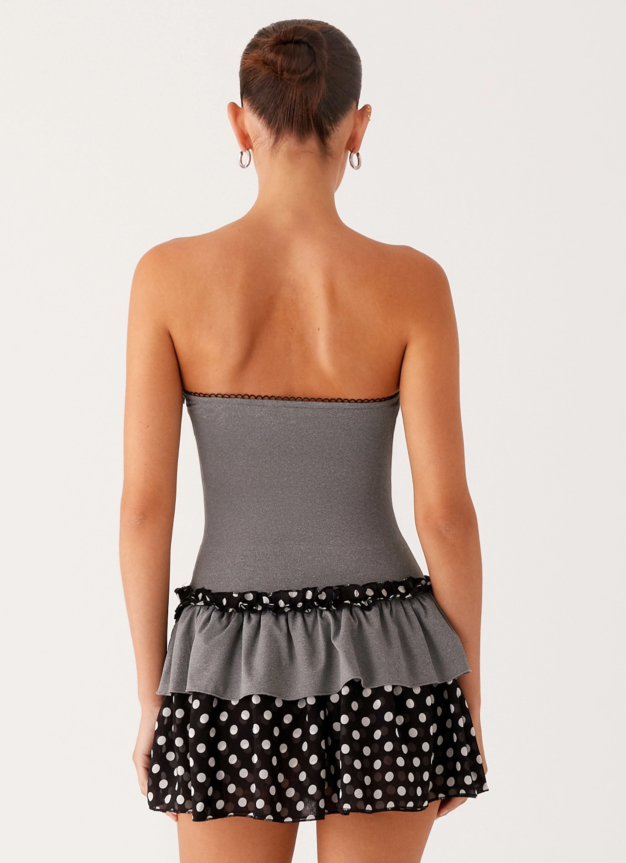 Yerin Strapless Frill Mini Dress - Grey Polkadot Contemporary Design