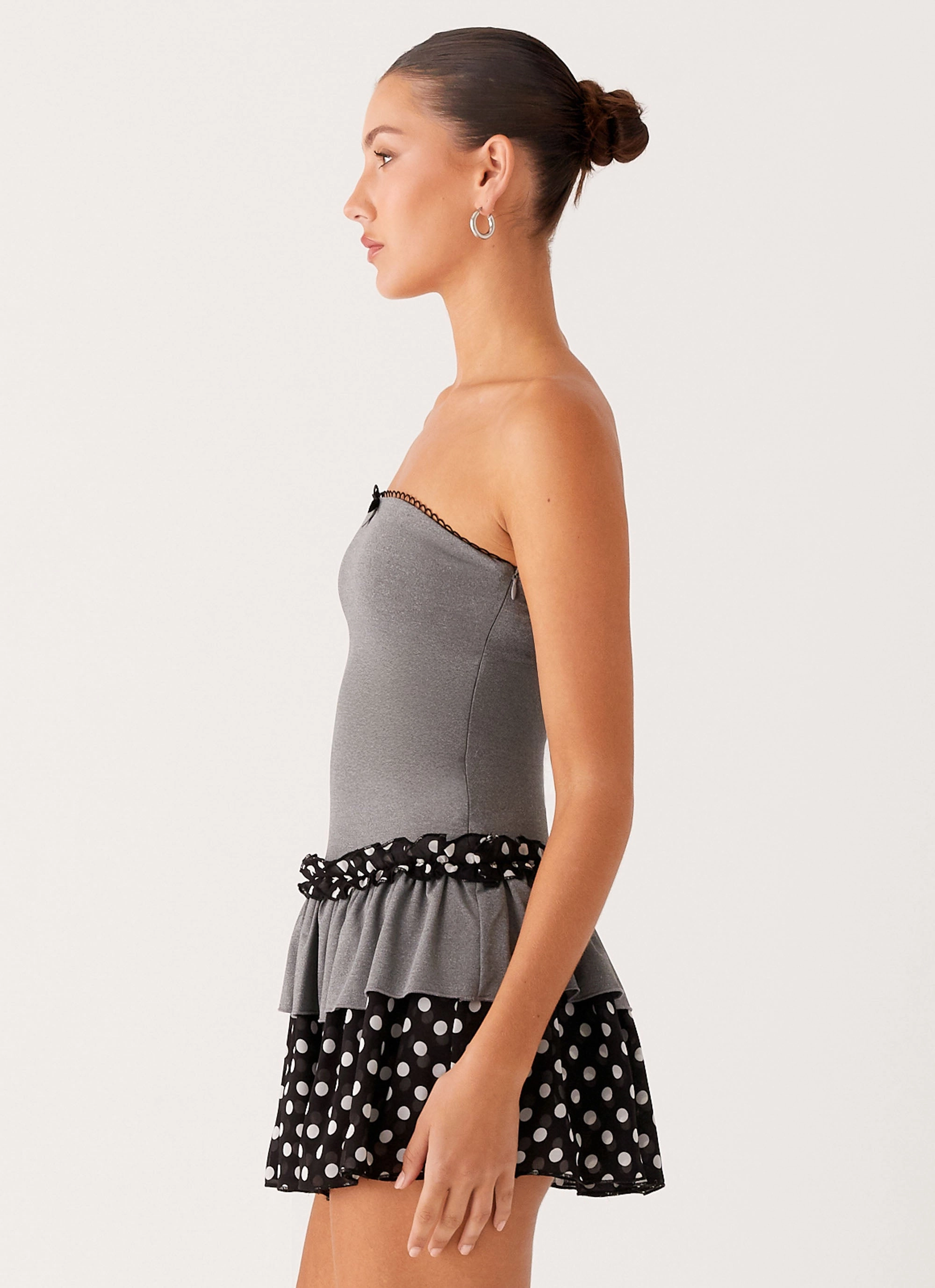 Yerin Strapless Frill Mini Dress - Grey Polkadot Silky Mood