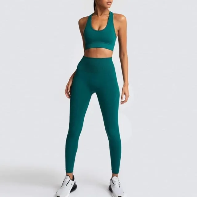 Yoga 2 Piece Set Leggings Elastic Sports Bras Gym Fitness Sportswear Workout Seamless Yoga Suit Sport Wear Suit Woman