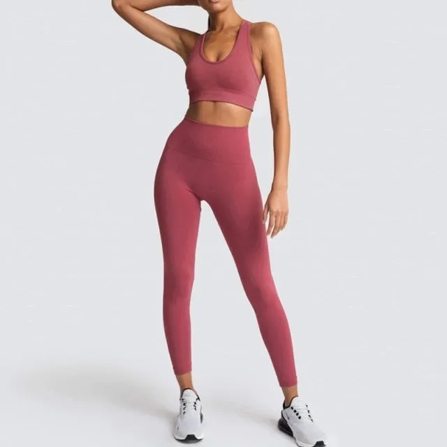 Yoga 2 Piece Set Leggings Elastic Sports Bras Gym Fitness Sportswear Workout Seamless Yoga Suit Sport Wear Suit Woman