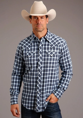 Yoke Back Design Stetson Mens Twill Dobby Blue 100% Cotton L/S Shirt Fitted Shape Customizable Option Stetson Mens Twill Dobby Blue 100% Cotton L/S Shirt