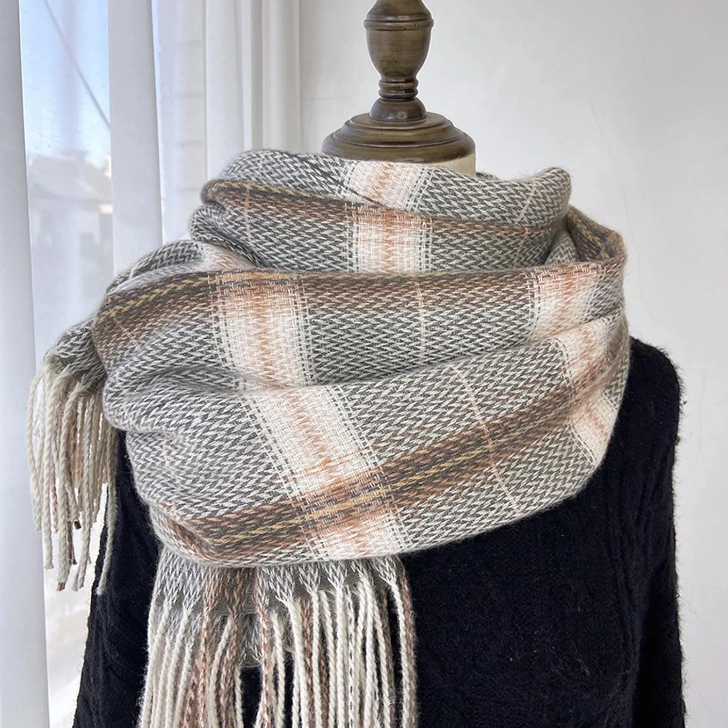 YOLAI Women Tassel Striped Plaid Scarf Fall Winter Warm Soft Large Blanket Scarf Comfortable Wrap Shawl Scarves