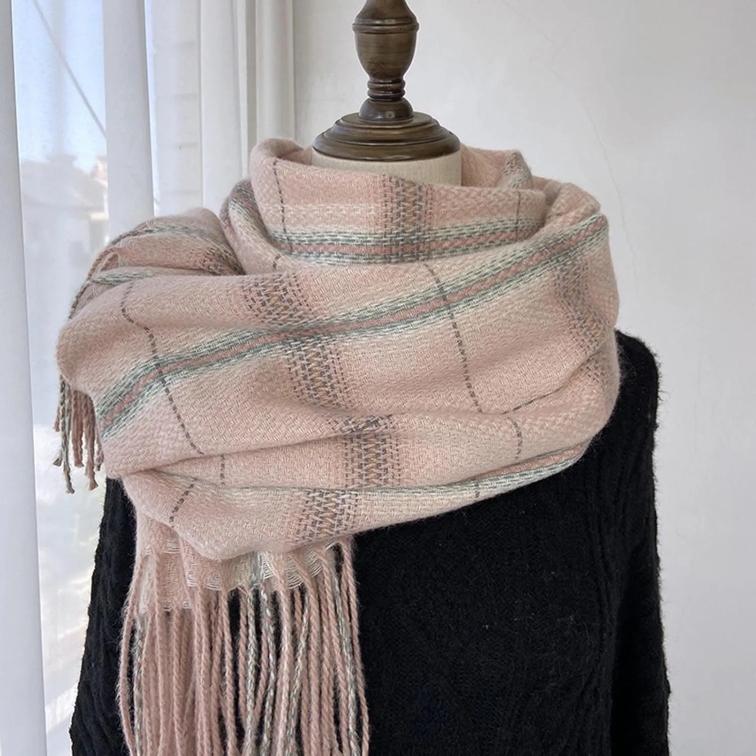 YOLAI Women Tassel Striped Plaid Scarf Fall Winter Warm Soft Large Blanket Scarf Comfortable Wrap Shawl Scarves