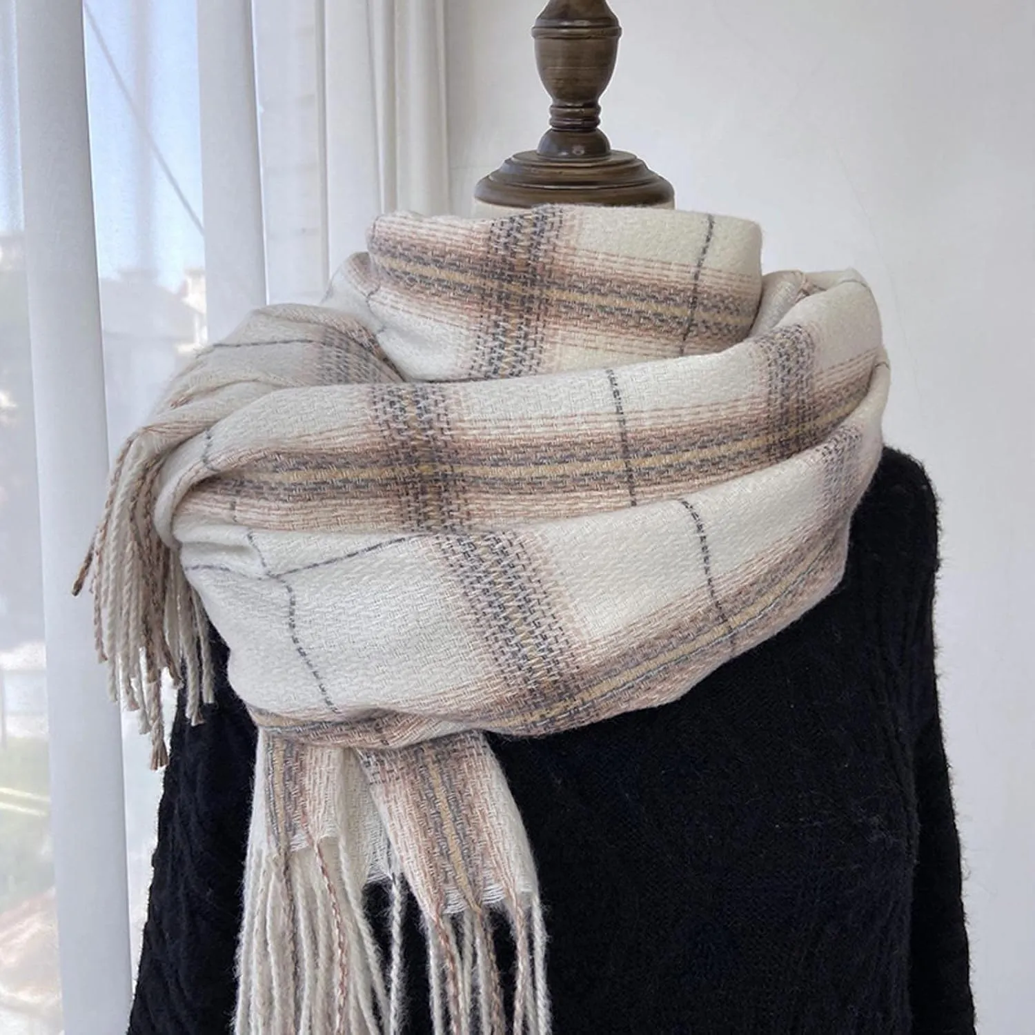 YOLAI Women Tassel Striped Plaid Scarf Fall Winter Warm Soft Large Blanket Scarf Comfortable Wrap Shawl Scarves