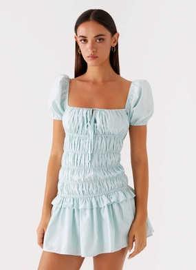 Yolene Mini Dress - Green Gingham Satin Touch Yolene Mini Dress - Green Gingham Chain-Detail Embroidered-Detail