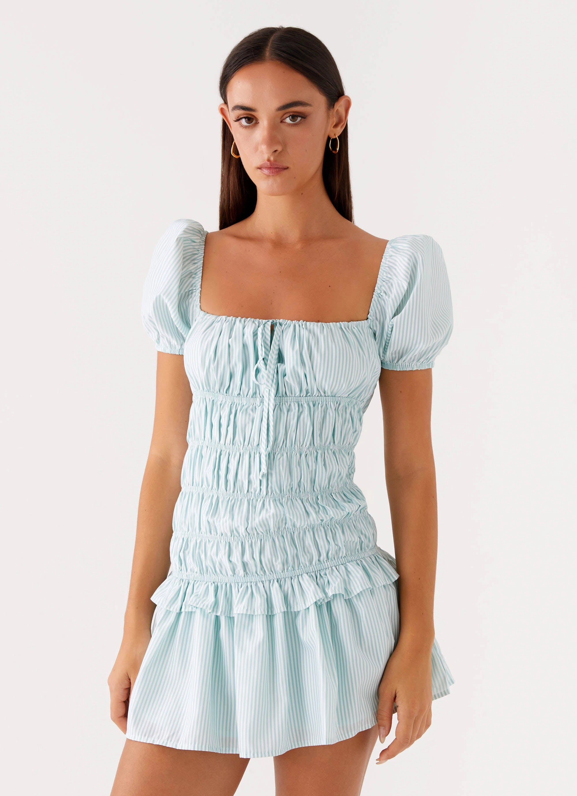 Yolene Mini Dress - Green Gingham Chain-Detail Embroidered-Detail