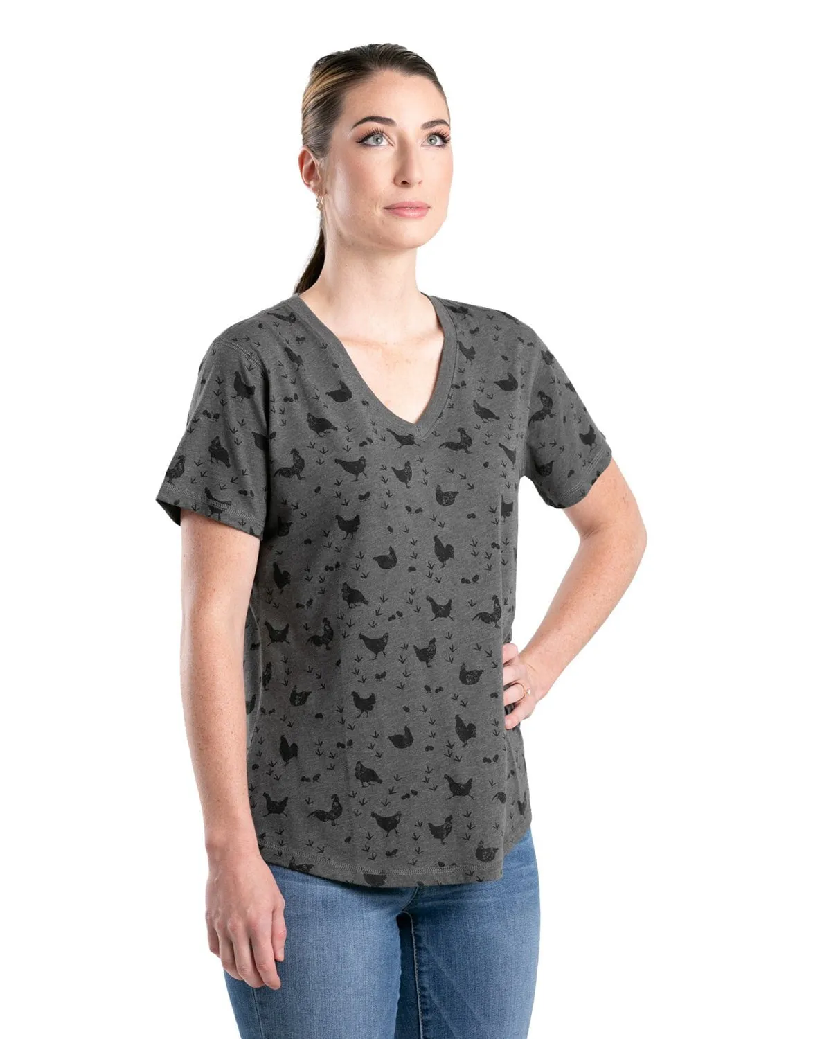 Berne Womens Performance V-Neck Chicken Print Cotton Blend S/S T-Shirt Urban Style