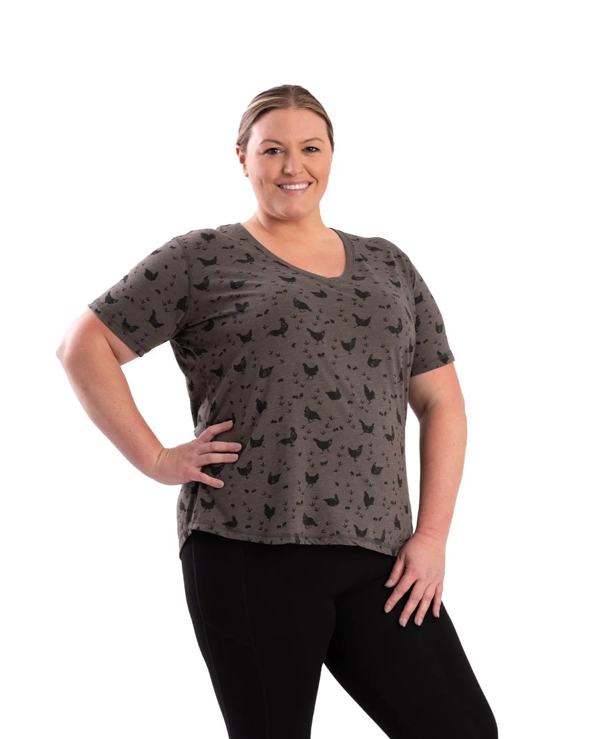 Berne Womens Performance V-Neck Chicken Print Cotton Blend S/S T-Shirt Preppy Vibe Smart Layering