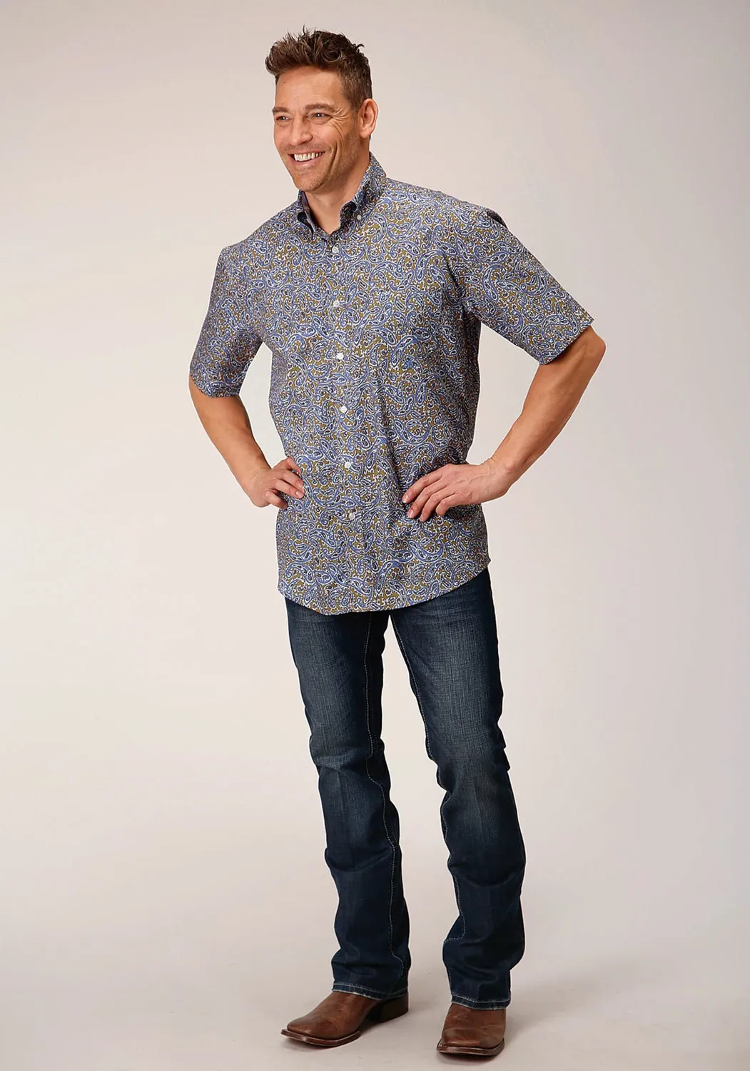 Roper Mens Valley Paisley Brown 100% Cotton S/S Shirt Solid Hue Fashion Comfort