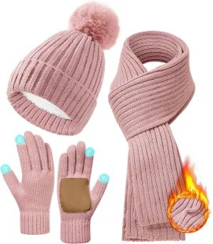 Zando Winter Beanie Hat Scarf Gloves Set for Women Warm Fleece Lined Knit Beanie with Pom Pom Winter Accessories for Women
