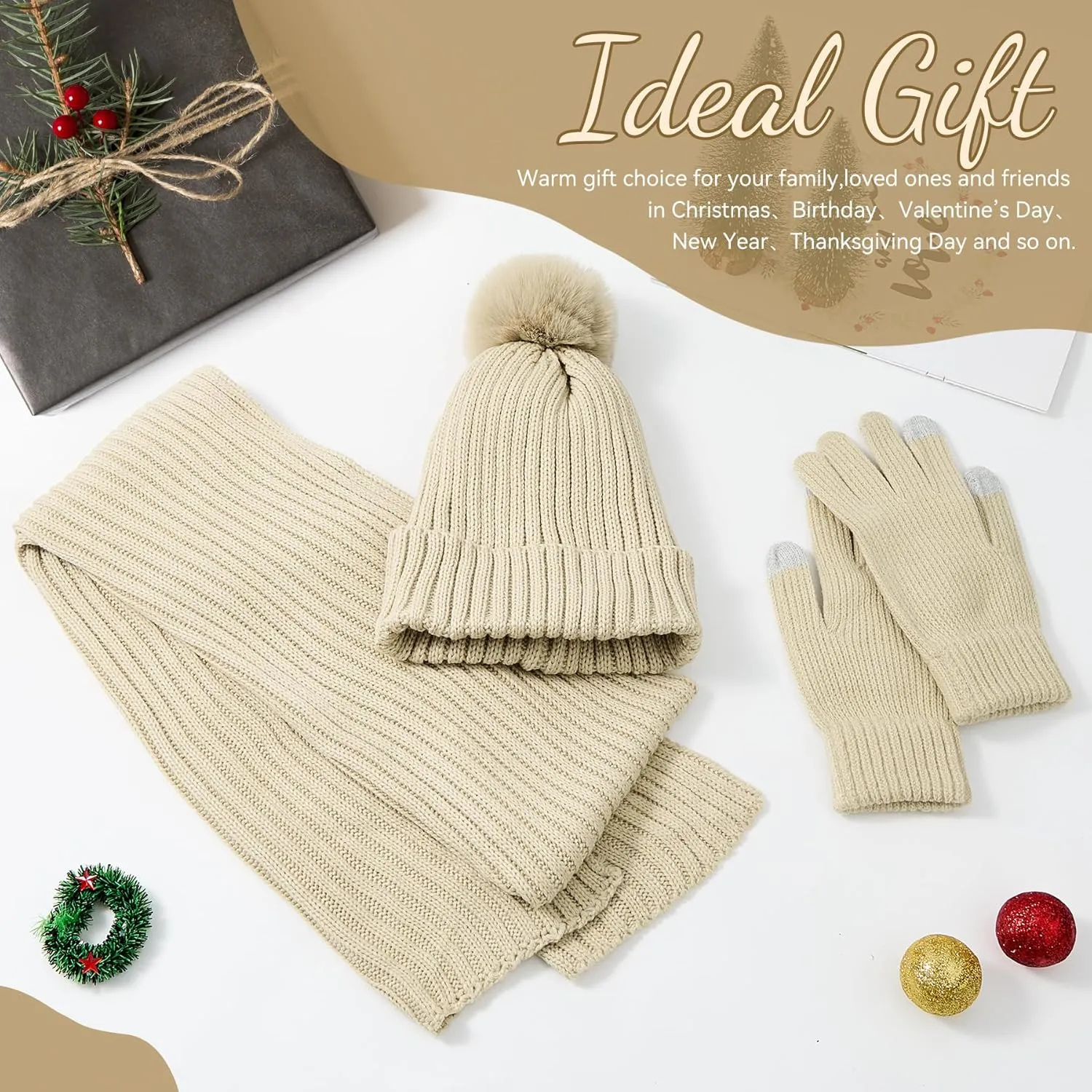 Zando Winter Beanie Hat Scarf Gloves Set for Women Warm Fleece Lined Knit Beanie with Pom Pom Winter Accessories for Women