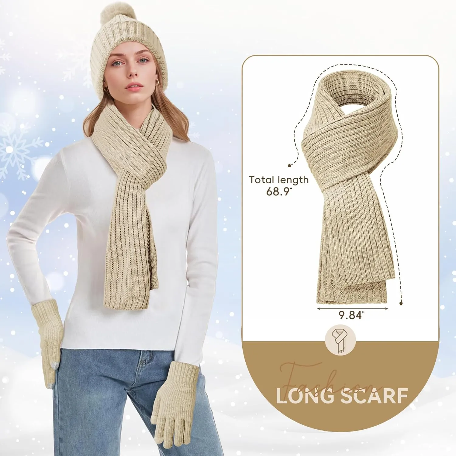 Zando Winter Beanie Hat Scarf Gloves Set for Women Warm Fleece Lined Knit Beanie with Pom Pom Winter Accessories for Women