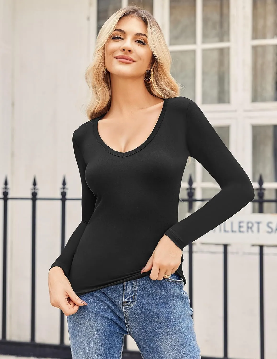 Zeagoo 2 Pack Women's Long Sleeve V Neck Slim Fit T Shirts