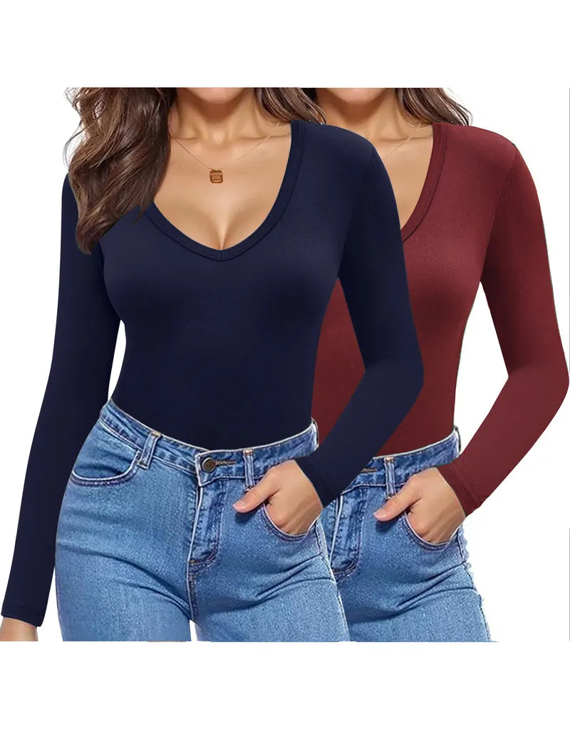 Zeagoo 2 Pack Women's Long Sleeve V Neck Slim Fit T Shirts