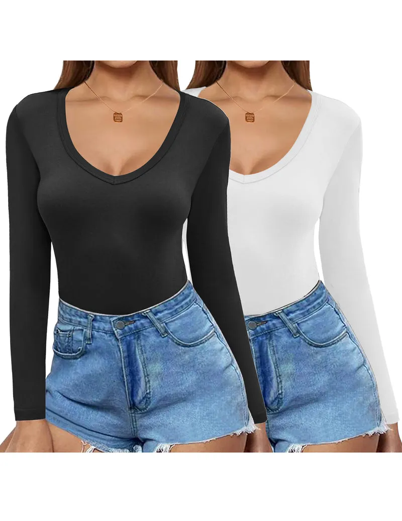 Zeagoo 2 Pack Women's Long Sleeve V Neck Slim Fit T Shirts