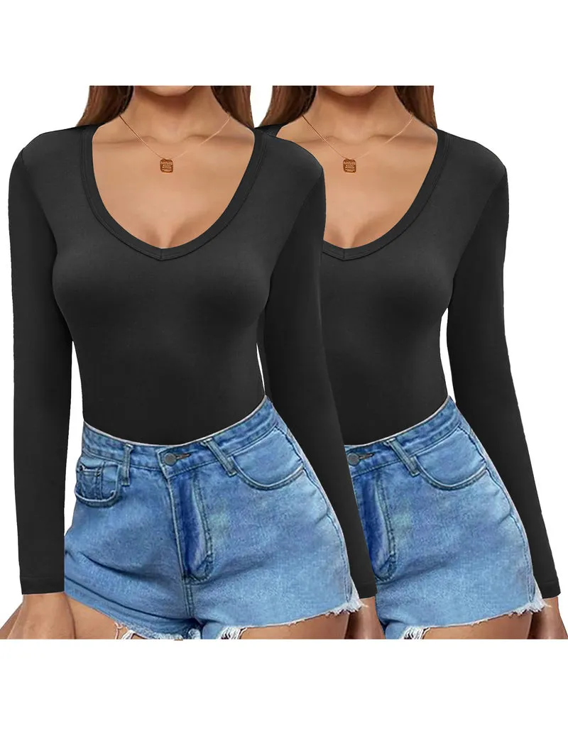 Zeagoo 2 Pack Women's Long Sleeve V Neck Slim Fit T Shirts