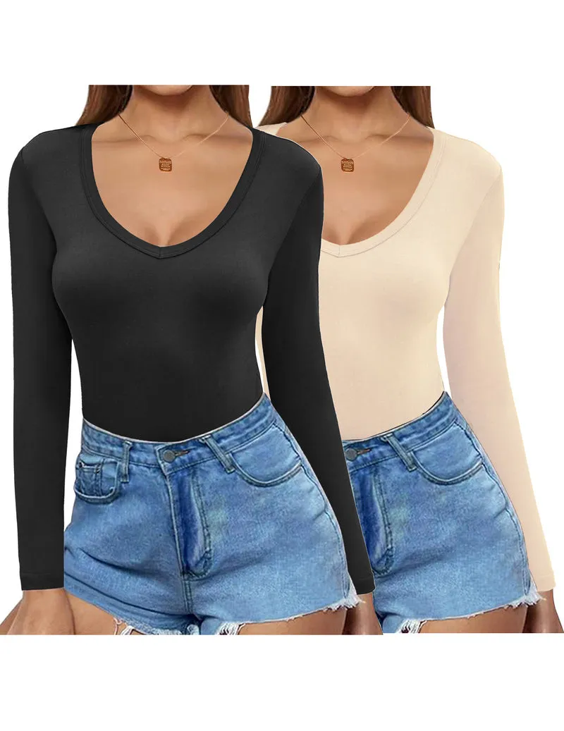 Zeagoo 2 Pack Women's Long Sleeve V Neck Slim Fit T Shirts