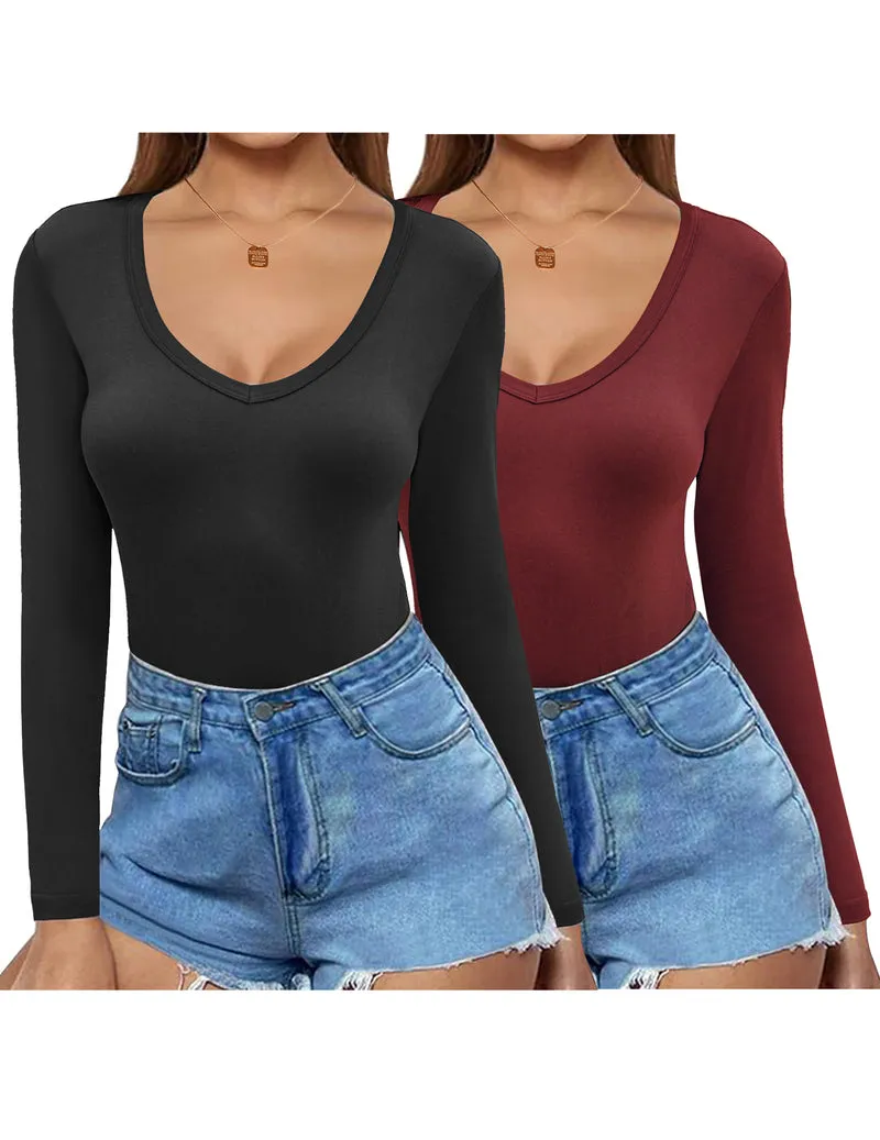 Zeagoo 2 Pack Women's Long Sleeve V Neck Slim Fit T Shirts
