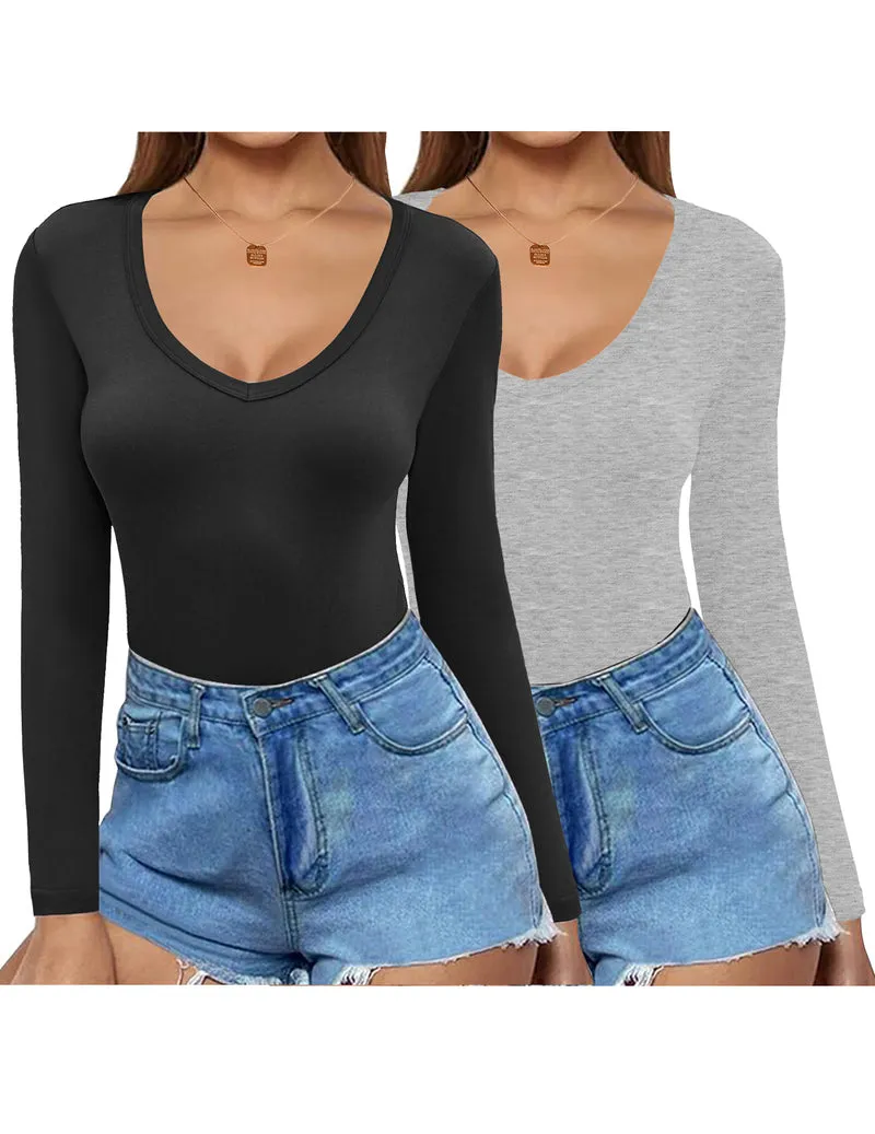Zeagoo 2 Pack Women's Long Sleeve V Neck Slim Fit T Shirts