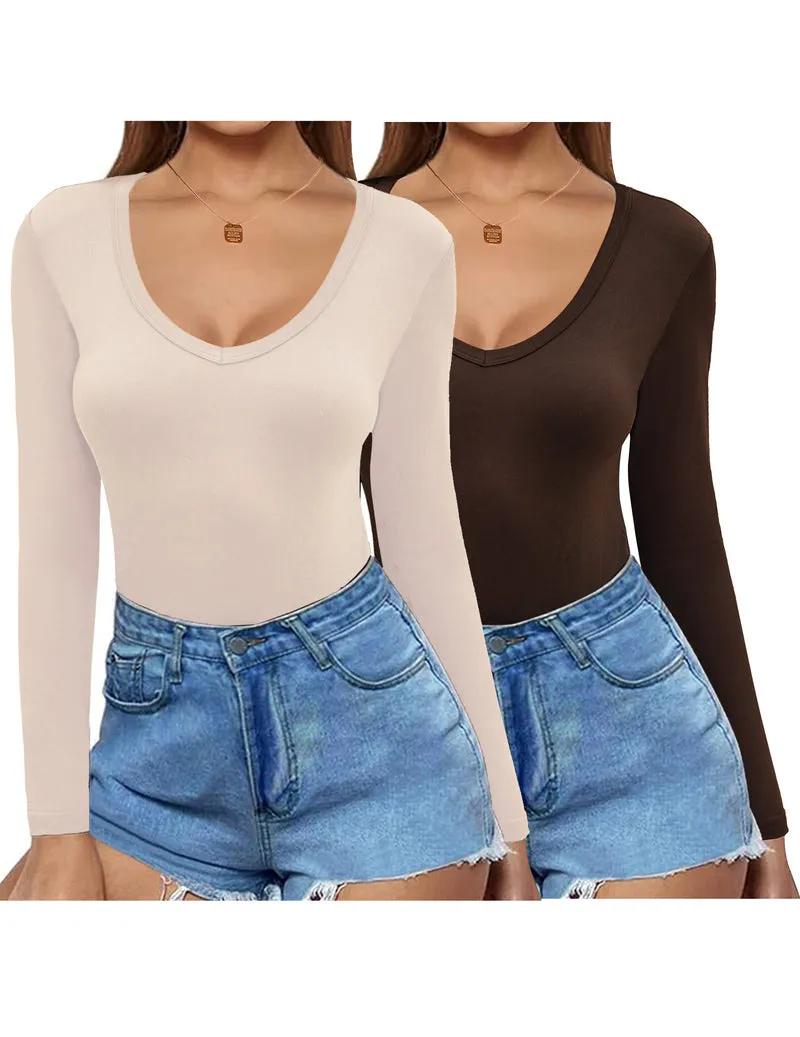 Zeagoo 2 Pack Women's Long Sleeve V Neck Slim Fit T Shirts