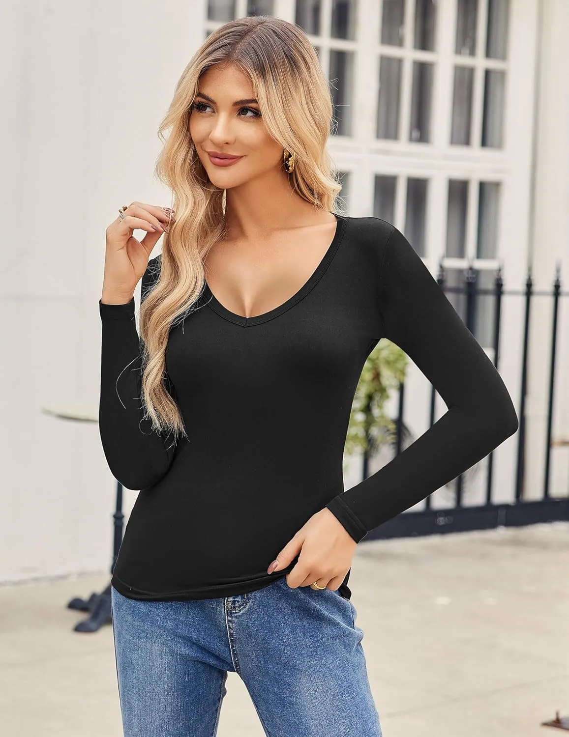Zeagoo 2 Pack Women's Long Sleeve V Neck Slim Fit T Shirts