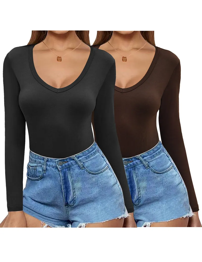Zeagoo 2 Pack Women's Long Sleeve V Neck Slim Fit T Shirts