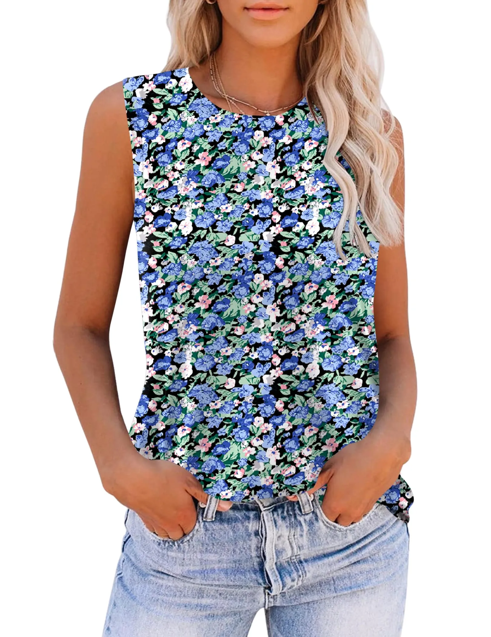 Zeagoo Floral Print Sleeveless T Shirts Loose Fit Summer Tunic Blouse