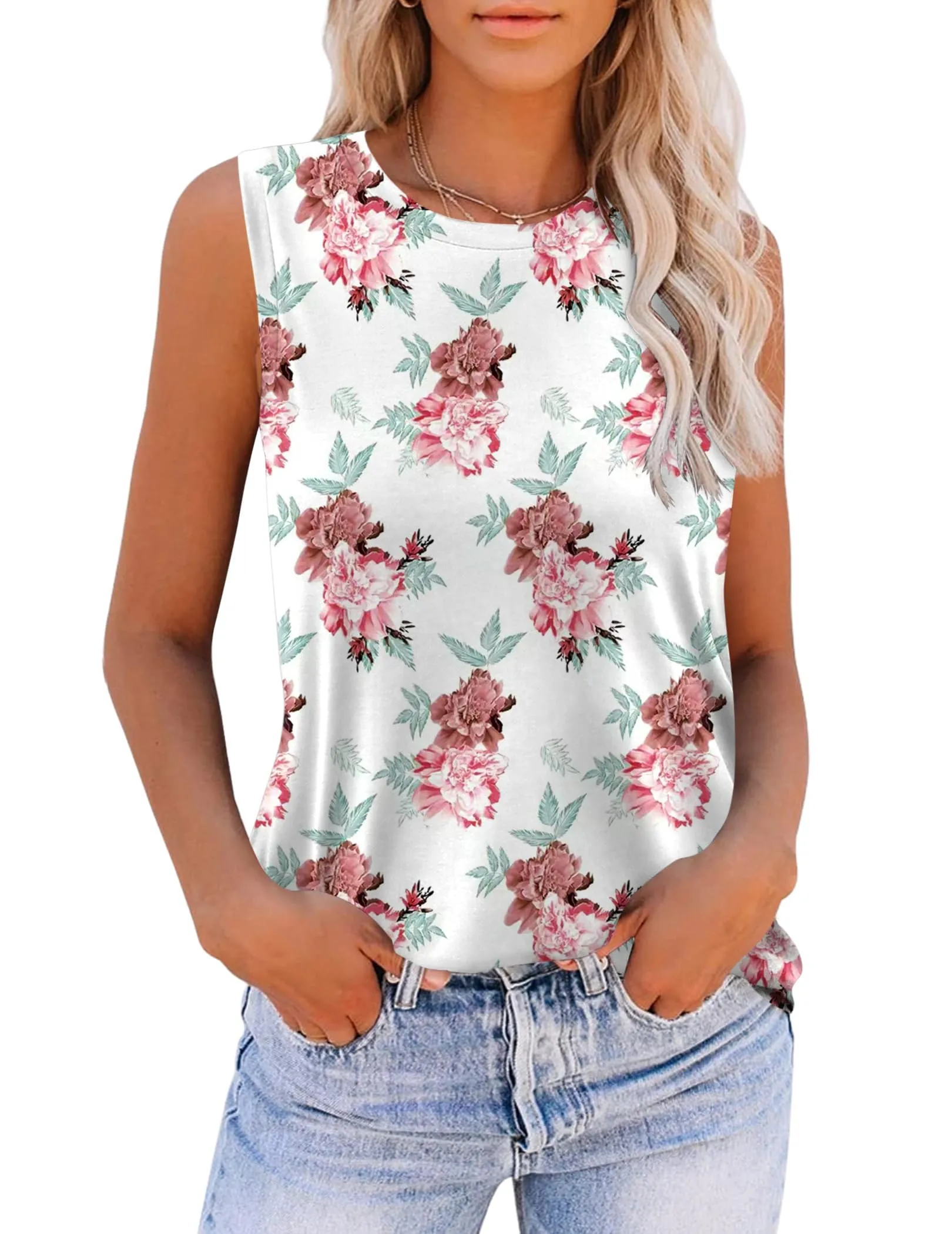 Zeagoo Floral Print Sleeveless T Shirts Loose Fit Summer Tunic Blouse