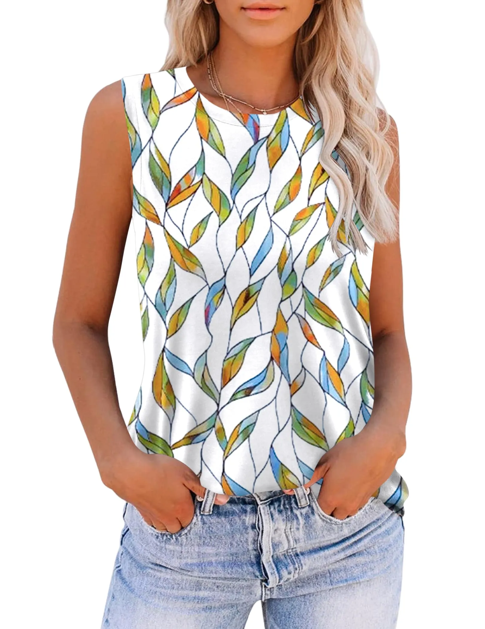 Zeagoo Floral Print Sleeveless T Shirts Loose Fit Summer Tunic Blouse