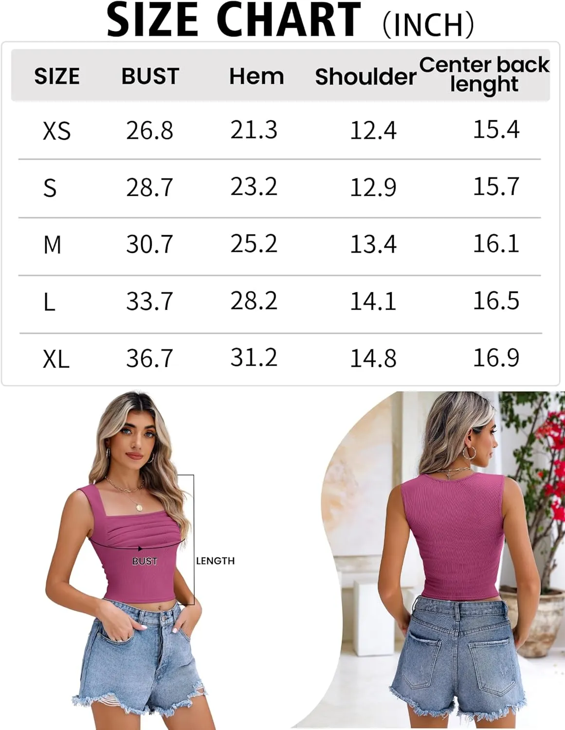 Zeagoo Women's Sleeveless Crop Tops Pleated Square Neck Ribbed Y2K Tank Top Summer Fitted Going Out Tops