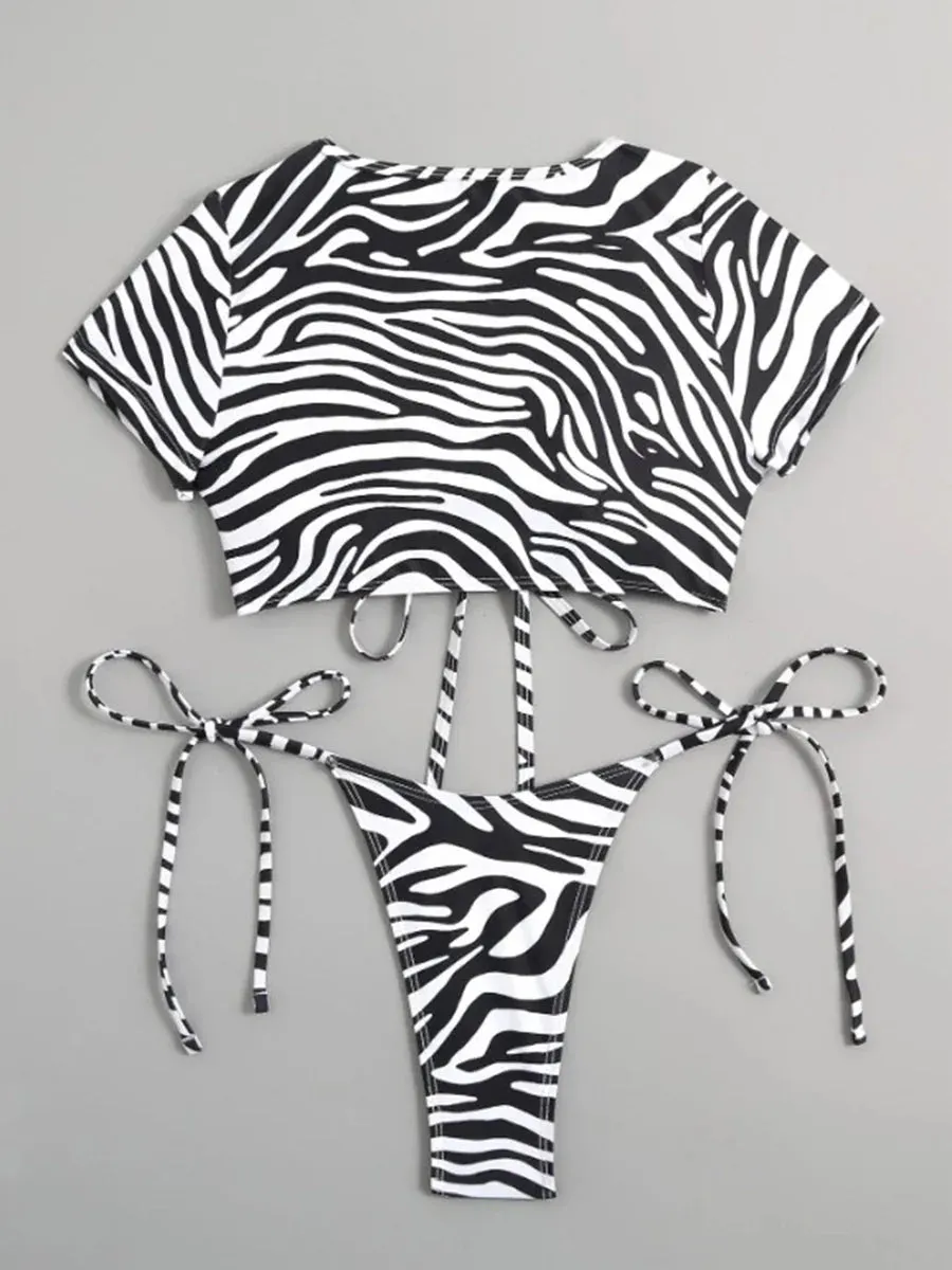 Zebra Print 2 Piece Swimwear with Cutout Top & String Bikini