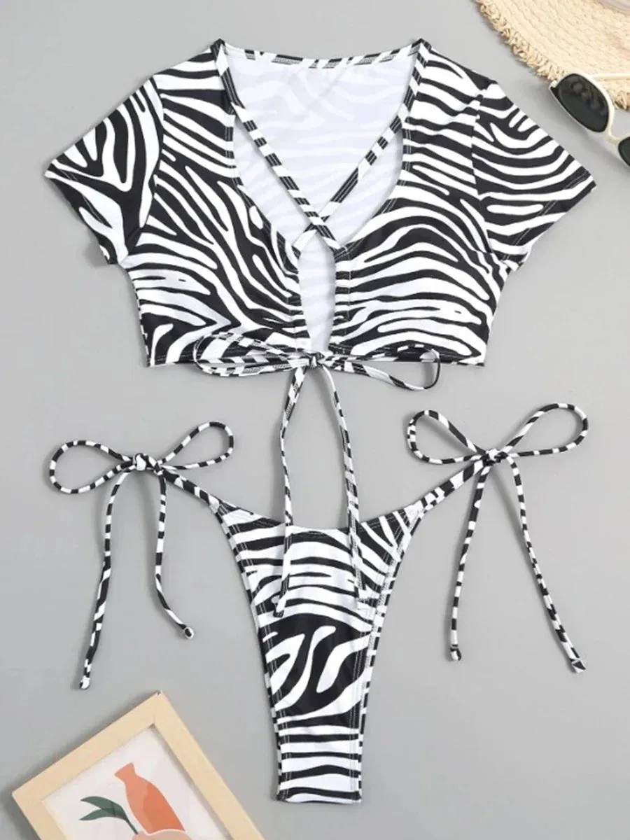 Zebra Print 2 Piece Swimwear with Cutout Top & String Bikini