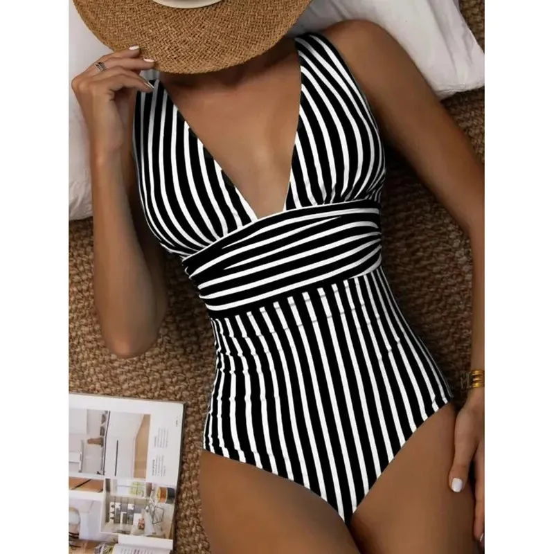 Zebra Stripe Wire-Free Plunge One-Piece Swimwear for Women
