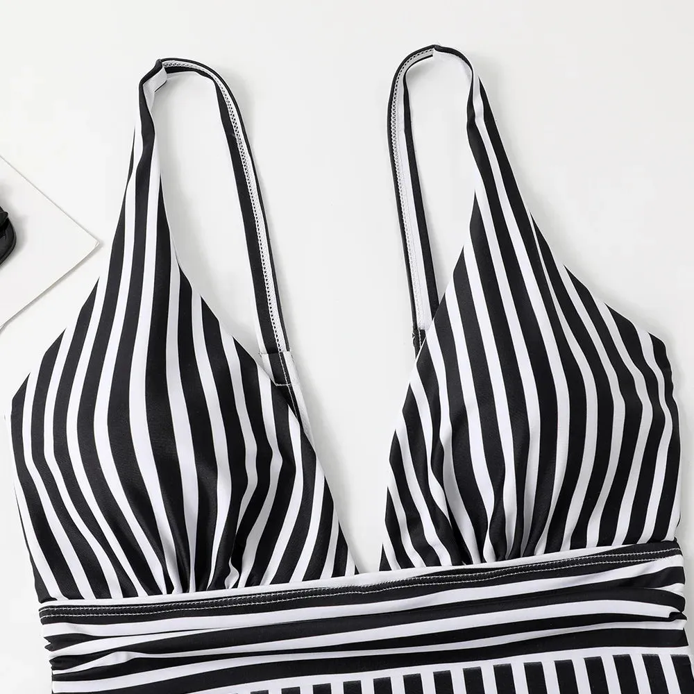 Zebra Stripe Wire-Free Plunge One-Piece Swimwear for Women