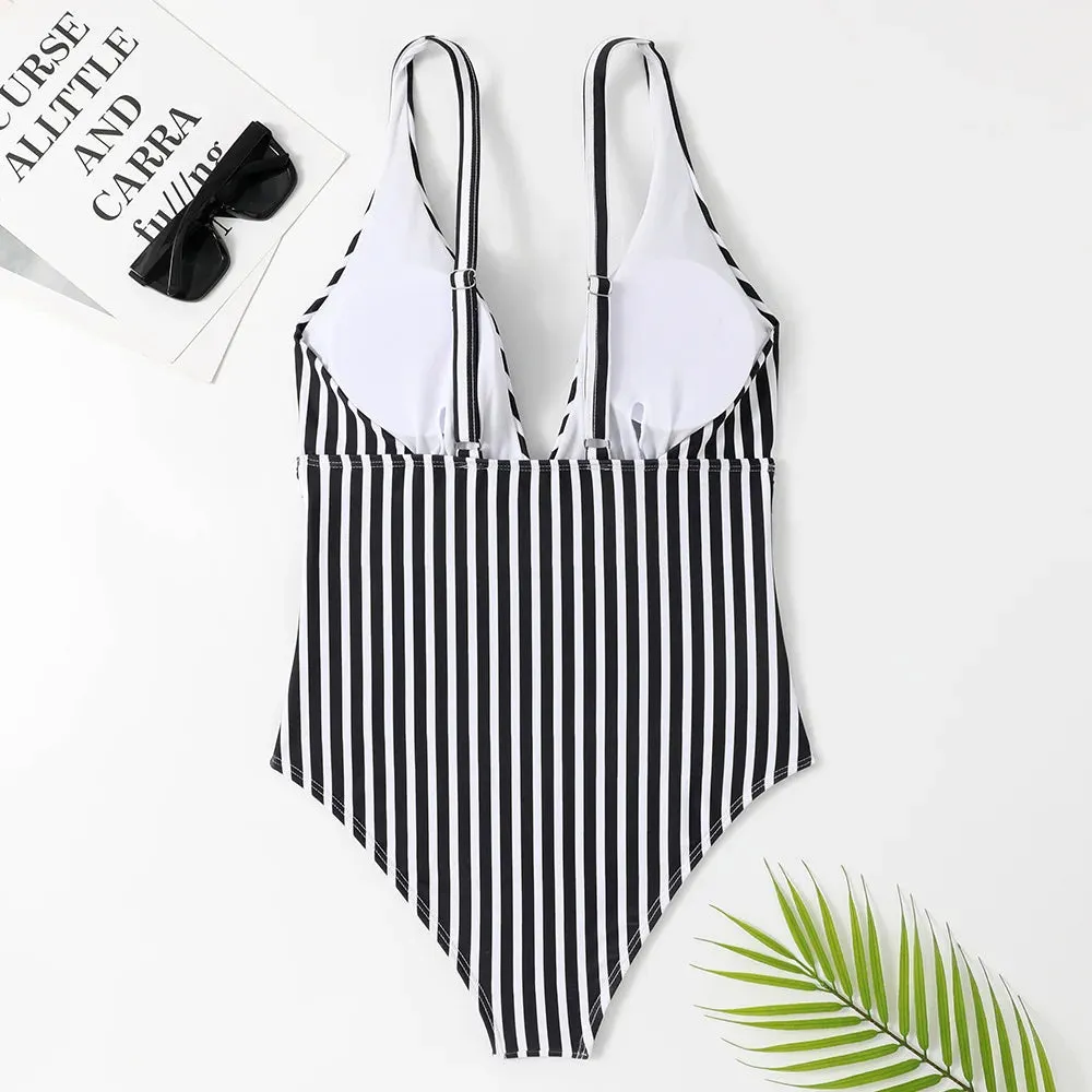 Zebra Stripe Wire-Free Plunge One-Piece Swimwear for Women