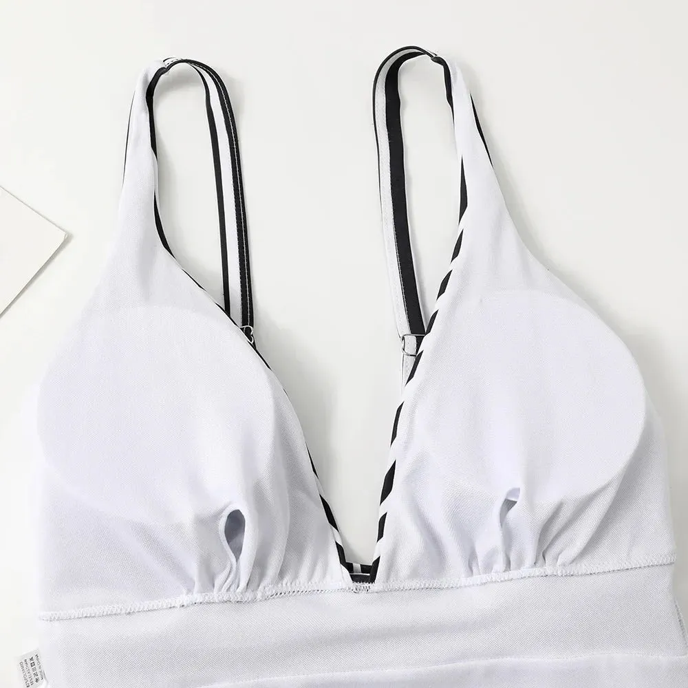 Zebra Stripe Wire-Free Plunge One-Piece Swimwear for Women