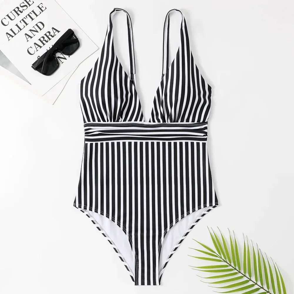 Zebra Stripe Wire-Free Plunge One-Piece Swimwear for Women