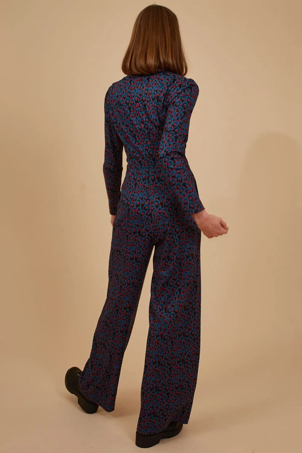 Zelda Jumpsuit in Blue Casual Lines Lace-Edge