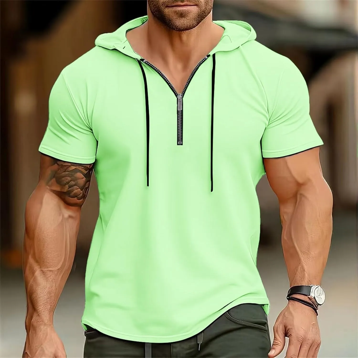 Zip Hoodies for Men Short Sleeve Slim Fit Casual Workout Tshirts Summer Sports Gym Sweatshirt Big and Tall Tees