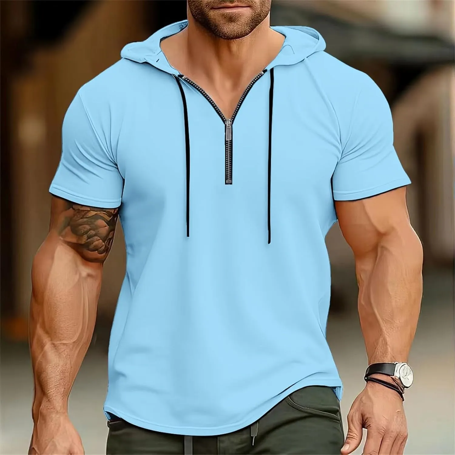 Zip Hoodies for Men Short Sleeve Slim Fit Casual Workout Tshirts Summer Sports Gym Sweatshirt Big and Tall Tees