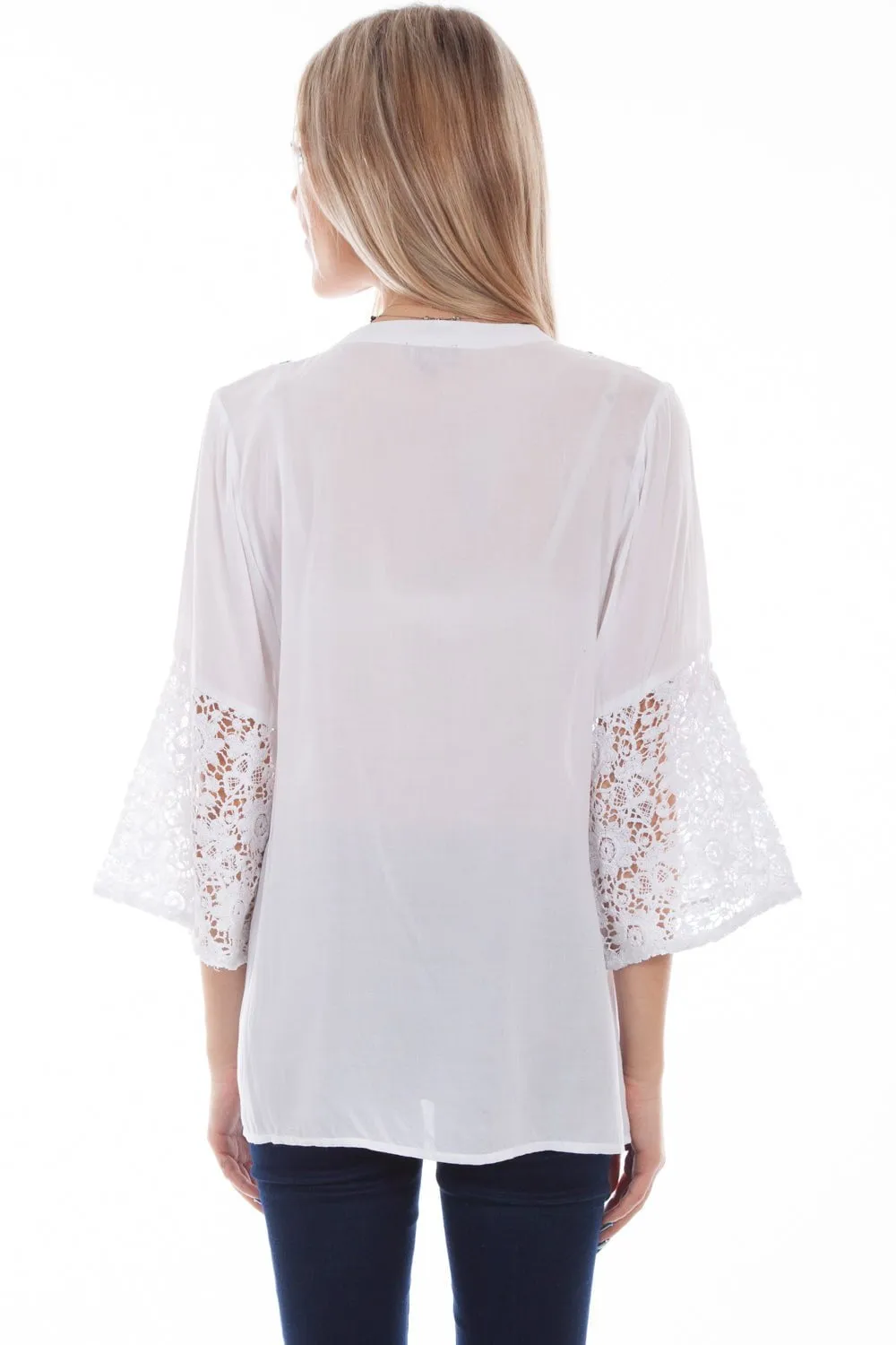 Scully Womens White Viscose Crochet S/S Blouse Floral Motif Holiday Outfit