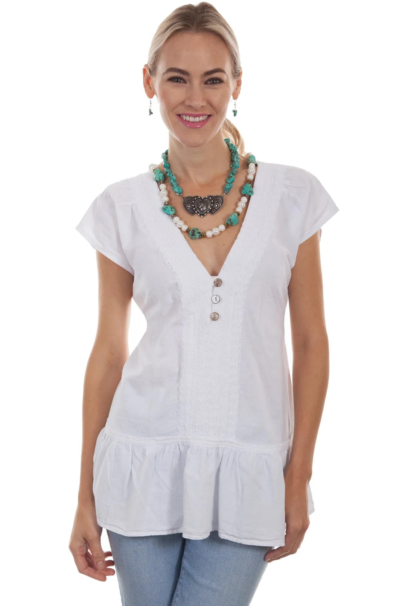Classic Cut Multipurpose Utility Pockets Scully Womens White 100% Cotton V-Neck S/S Tunic