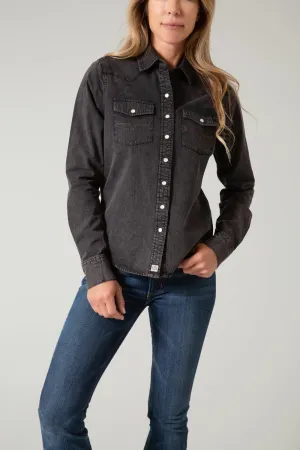 Zippered Pocket Kimes Ranch Womens Kaycee Denim Black Denim 100% Cotton L/S Shirt Kimes Ranch Womens Kaycee Denim Black Denim 100% Cotton L/S Shirt Essential Layer Classy Detail