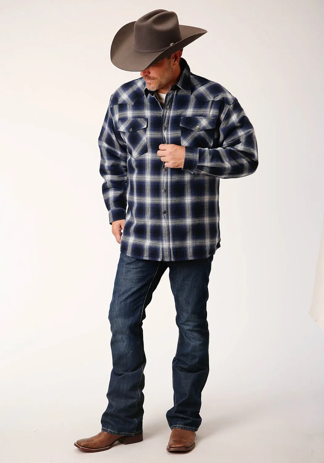 Roper Mens Sherpa Lined Flannel Blue 100% Cotton L/S Shirt Premium Comfort