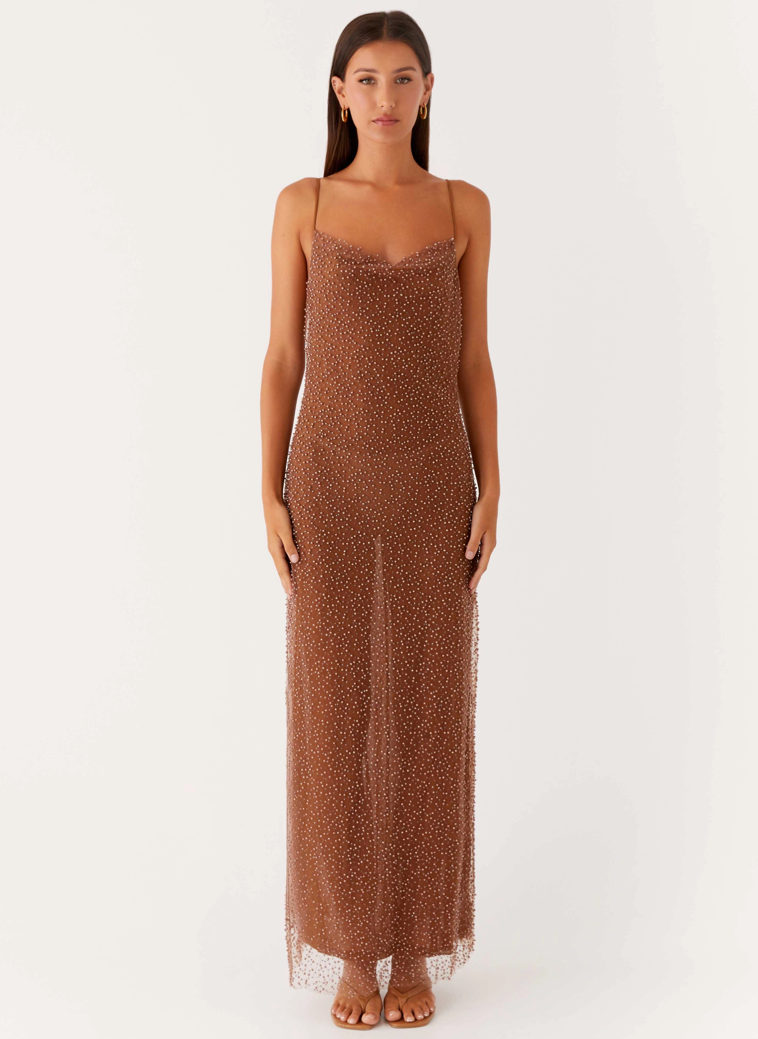 Stylish Appearance Evening Tone Zuella Beaded Maxi Dress - Chocolate
